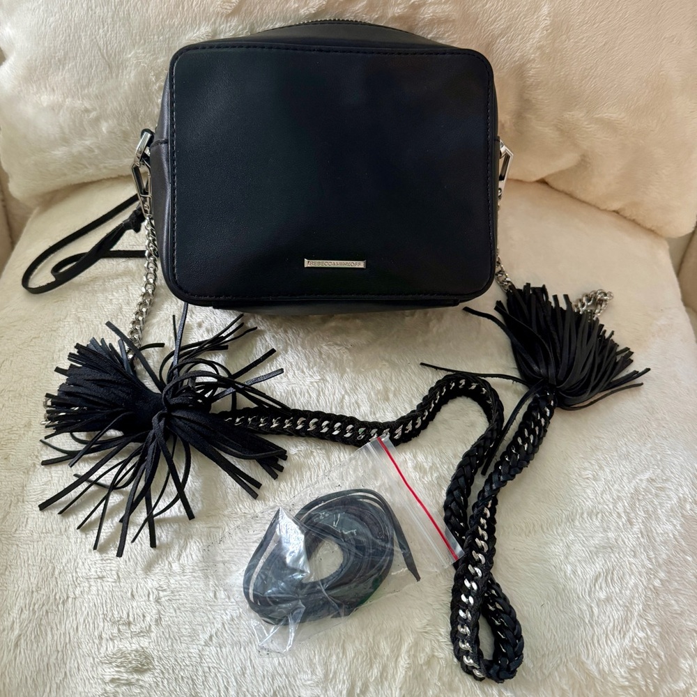 Rebecca Minkoff Biker Crossbody Bag Black Leather Braided Chain Strap Purse - Picture 10 of 16